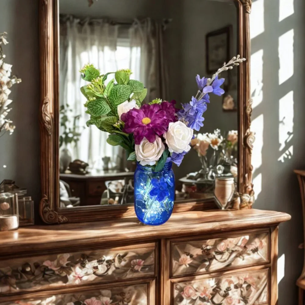 Vibrant Faux Floral Arrangement in Blue Mason Jar w/ LED Lights – Home Décor